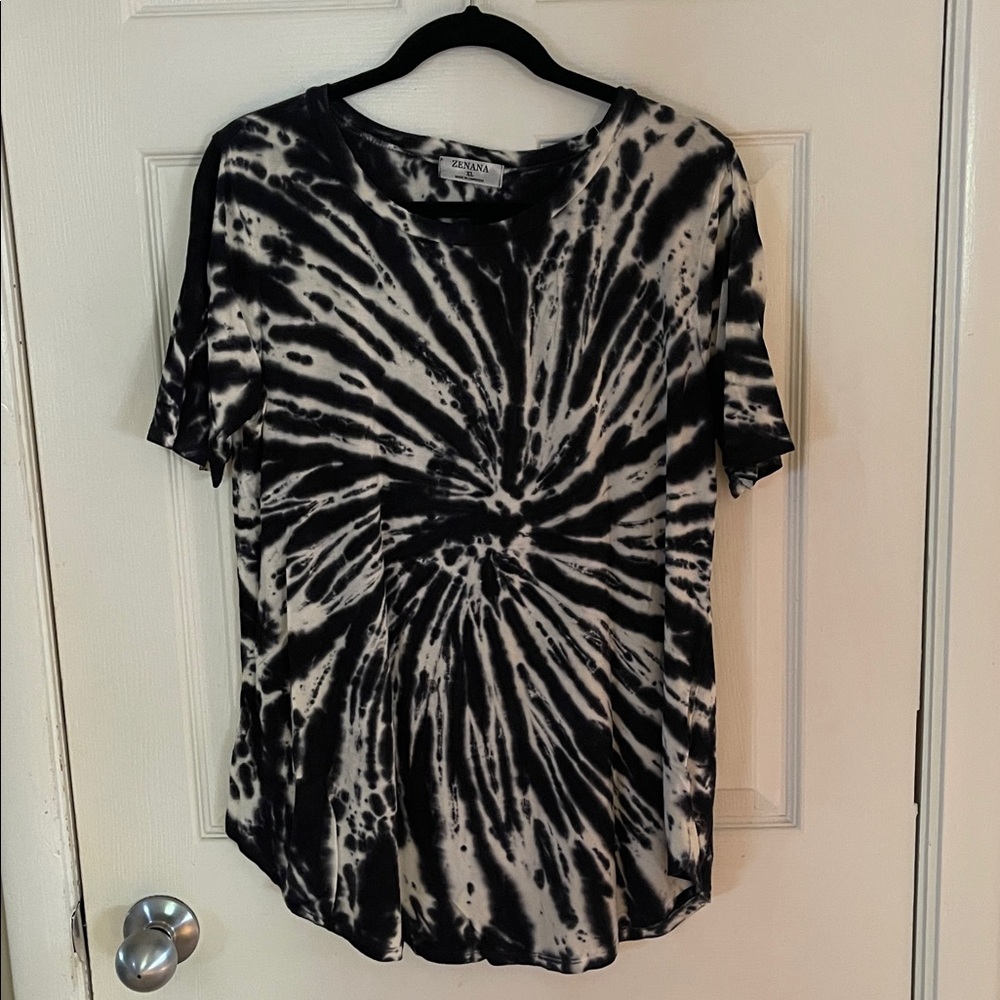 Zenana Outfitters Black and White Tie-Dye Top. Luxe fabric and scooped hem